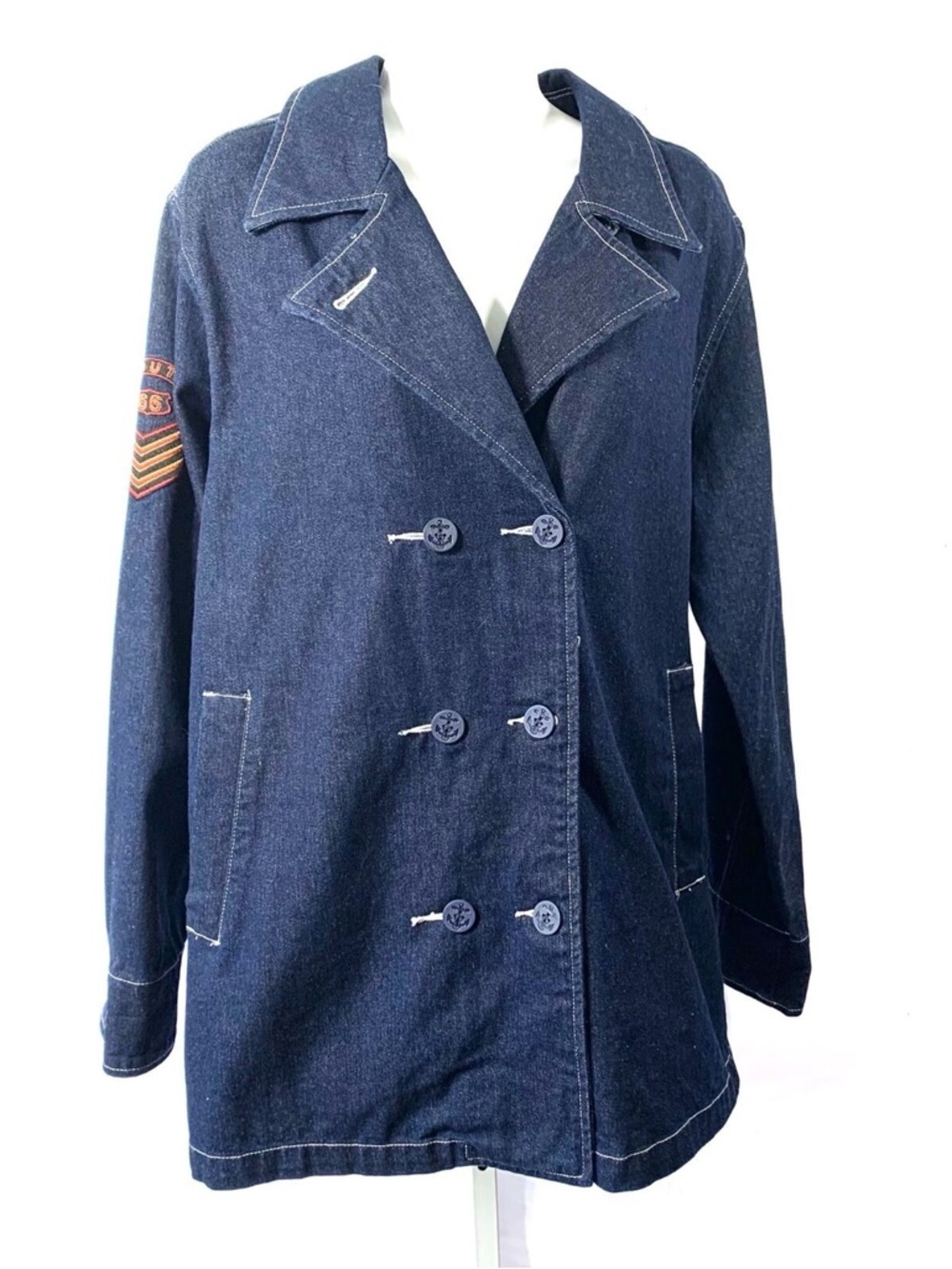 Vintage 90s Y2K Route 66 Blue Denim Peacoat Military Chic Grunge Utilitarian M